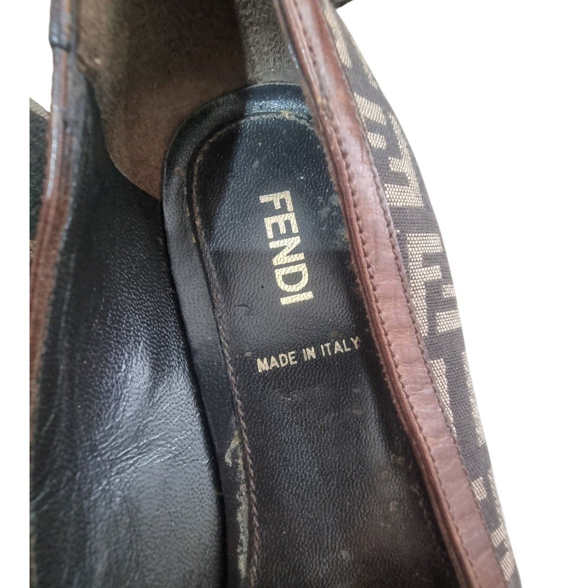 Fendi, Ballerine a Punta Vintage in Canvas Monogram Zucca e Pelle Marrone, Taglia 36