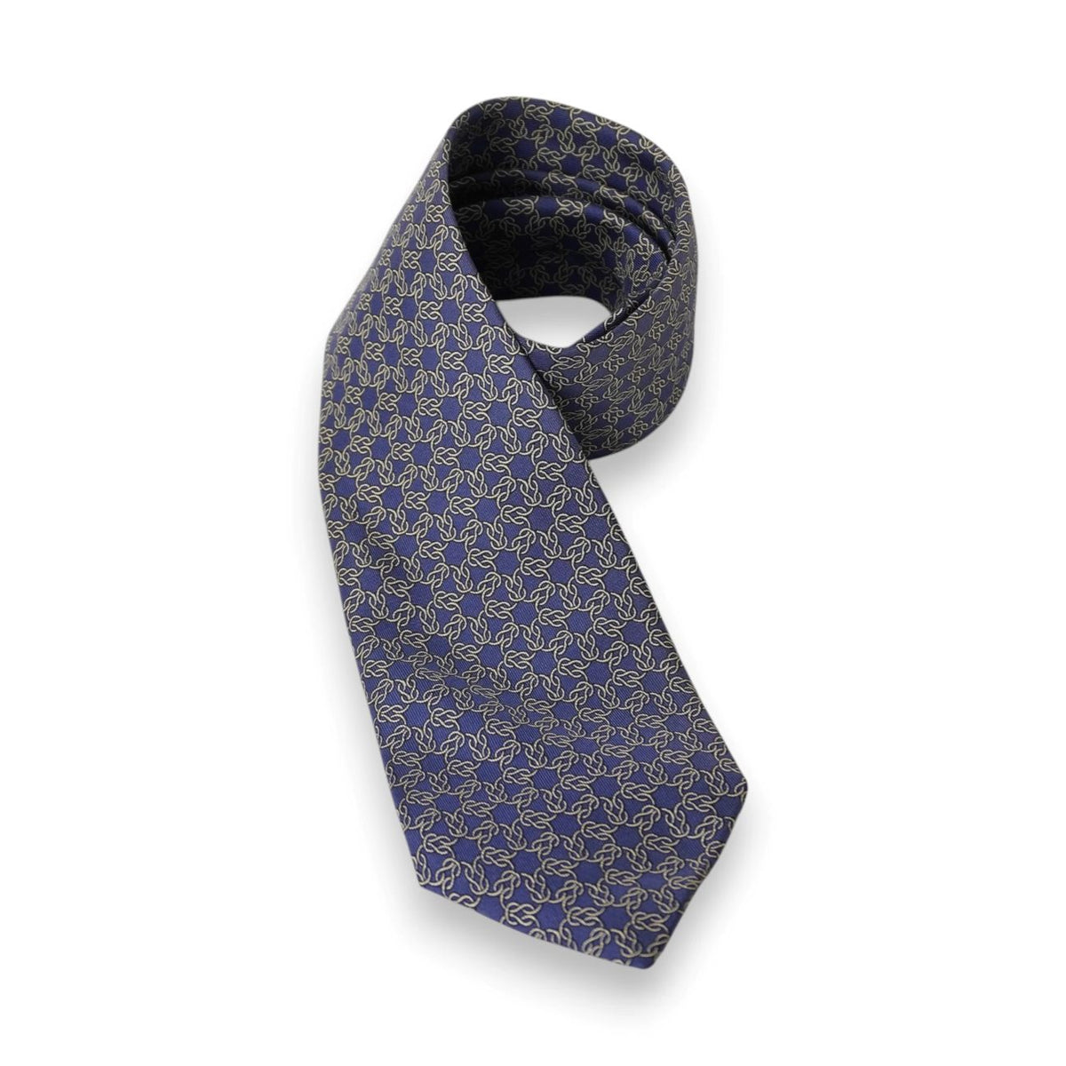 Cravatta Hermès Paris vintage - Seta blu reale con motivo geometrico oro