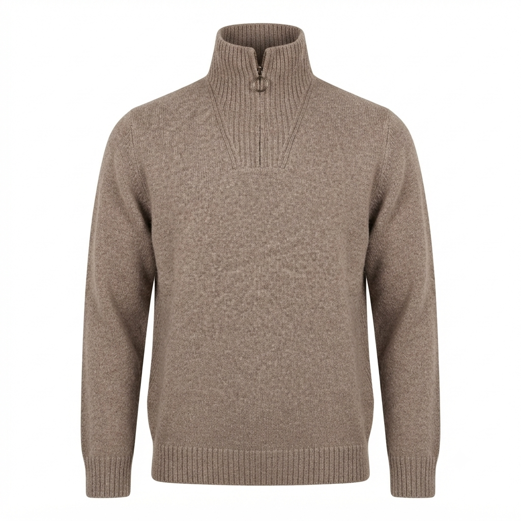 Fronte del maglione in lana marrone melange Barbour con collo a mezza zip.
