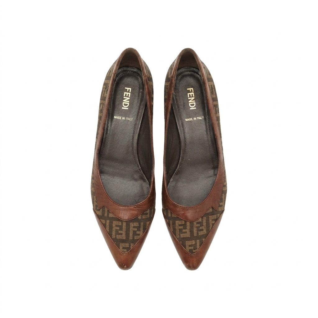 Fendi, Ballerine a Punta Vintage in Canvas Monogram Zucca e Pelle Marrone, Taglia 36
