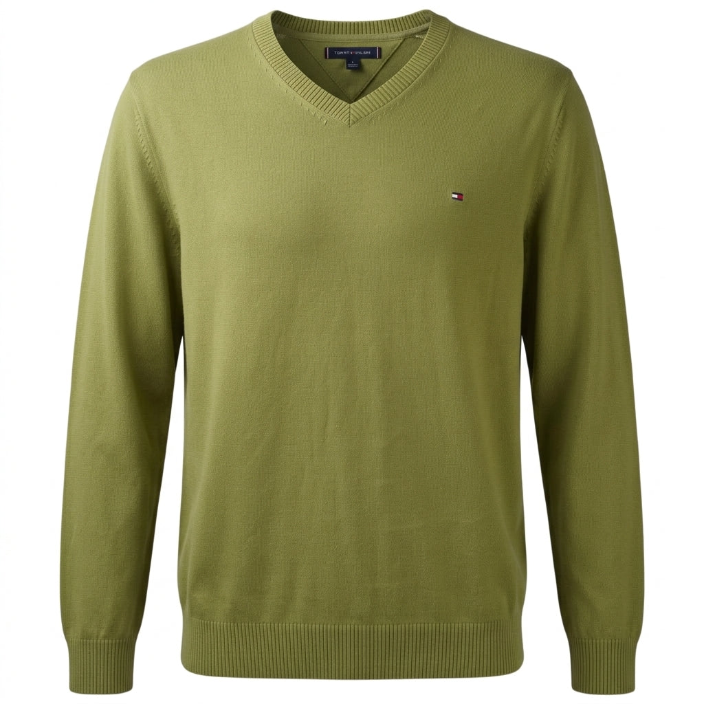 Maglione uomo Tommy Hilfiger - Scollo a V in cotone verde oliva - Vista frontale intera