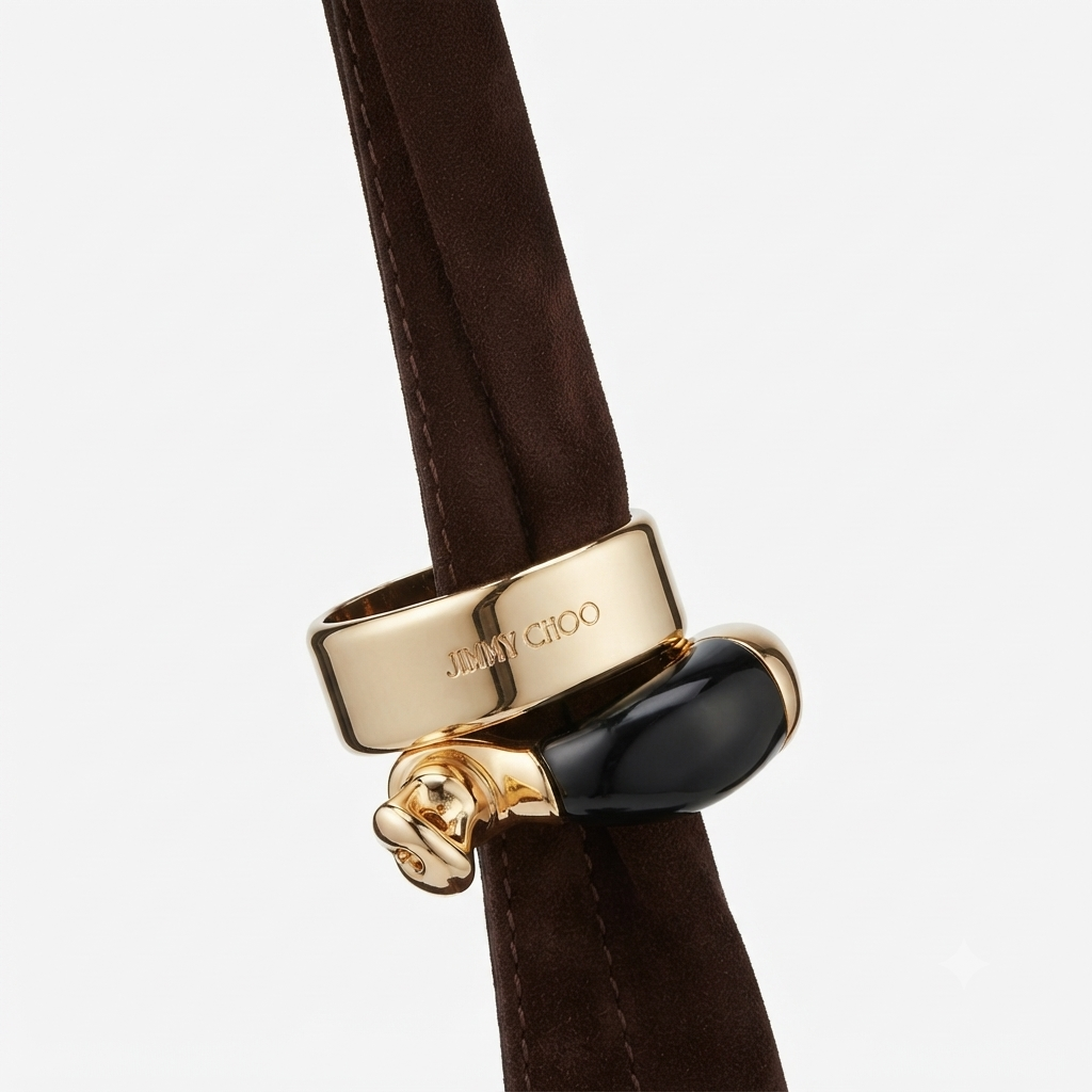 Dettaglio ravvicinato del manico in camoscio con bracciale dorato e pietra in resina nera.