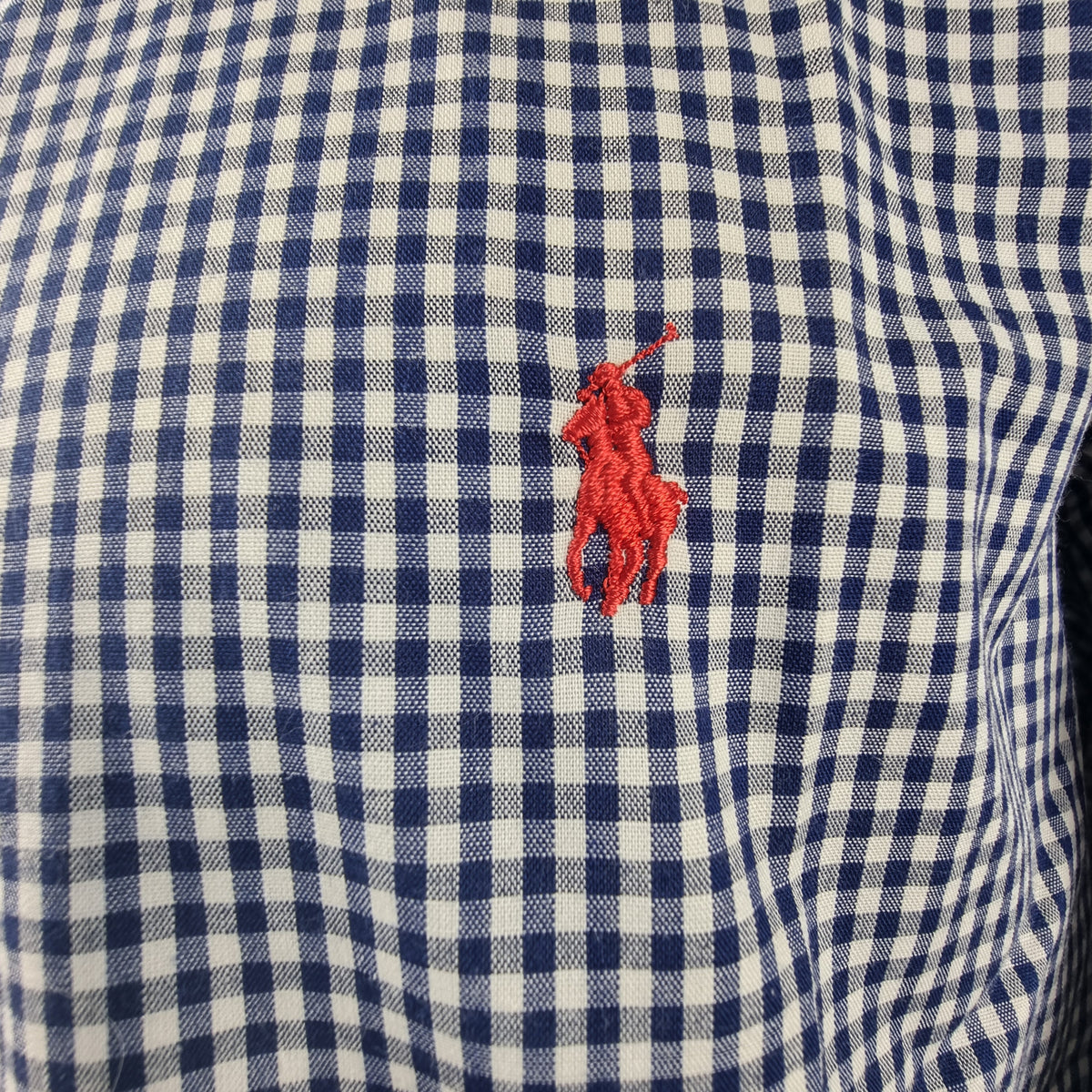 Ricamo ravvicinato del classico pony rosso Ralph Lauren sulla trama a quadretti blu e bianchi.