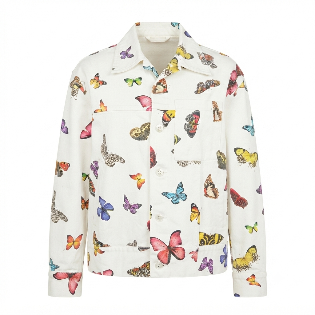 Vista frontale completa della giacca a camicia Palm Angels con colletto e bottoni.