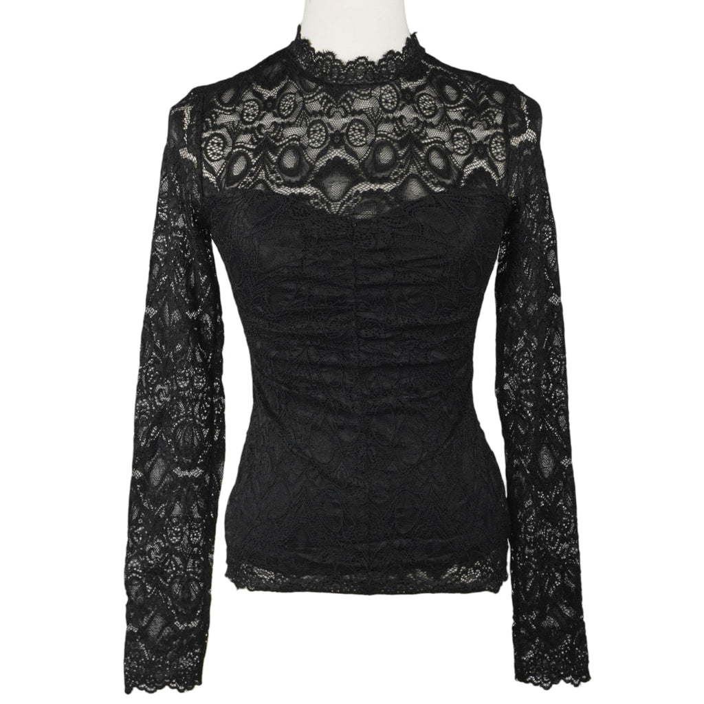 Vista frontale completa della maglia a maniche lunghe in pizzo nero Guess.