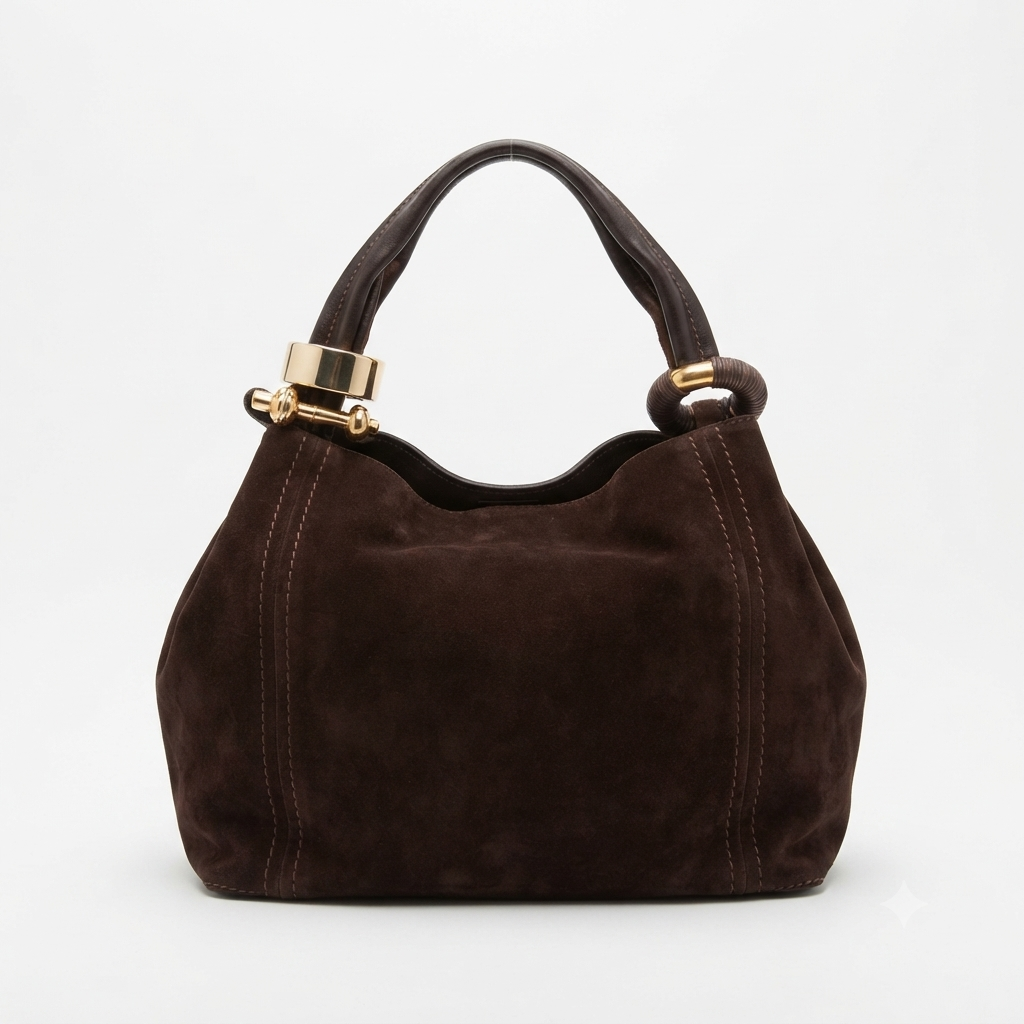 Vista frontale della borsa hobo Jimmy Choo Saba marrone con manico singolo e dettagli gioiello.