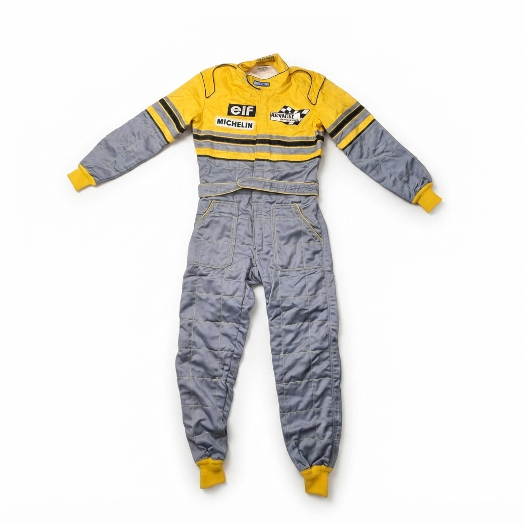 Vista frontale della tuta da corsa vintage Sparco Renault Elf Michelin.