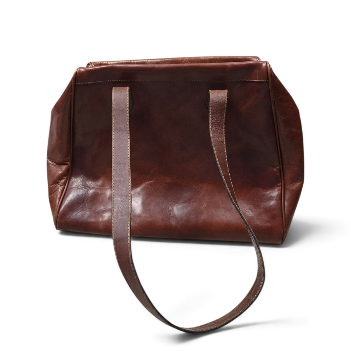 Vista posteriore della borsa tote El Campero in pelle marrone.