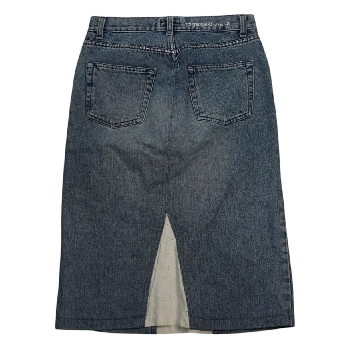 Vista posteriore gonna in jeans Iceberg con spacco e pizzo bianco.