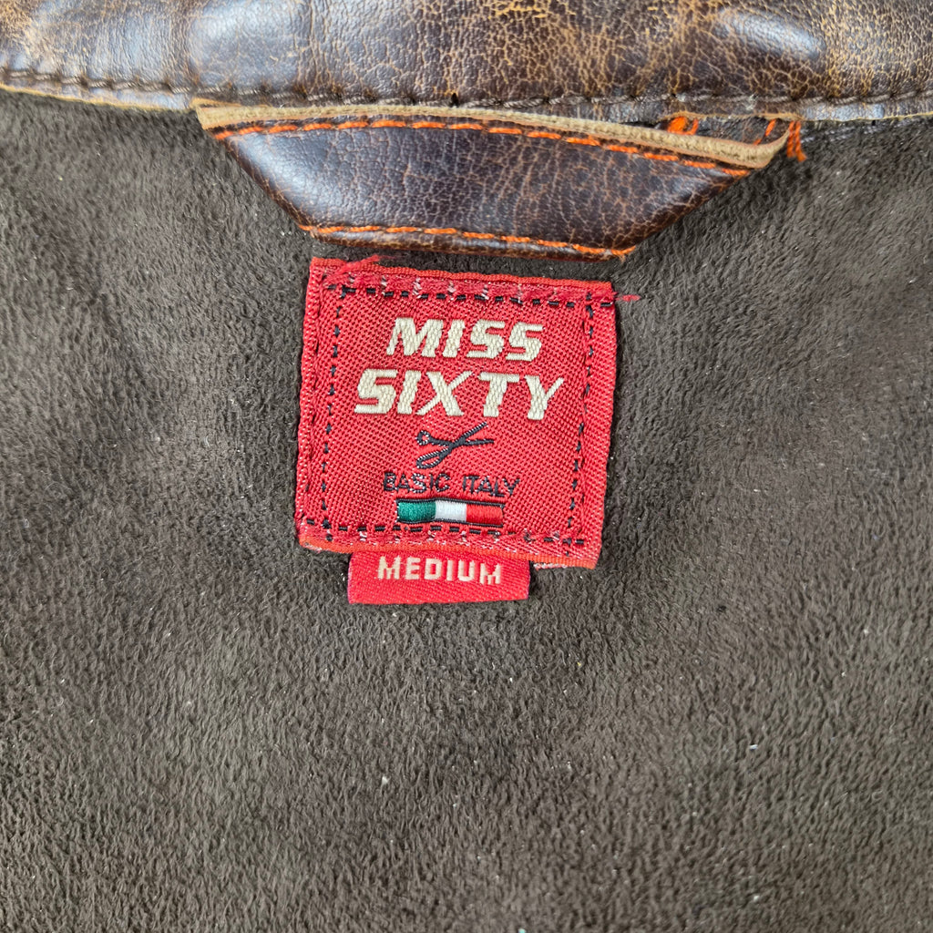 giacca-corta-biker-miss-sixty-vintage-marrone-effetto-pelle-invecchiata-zip-dietro-bottoni