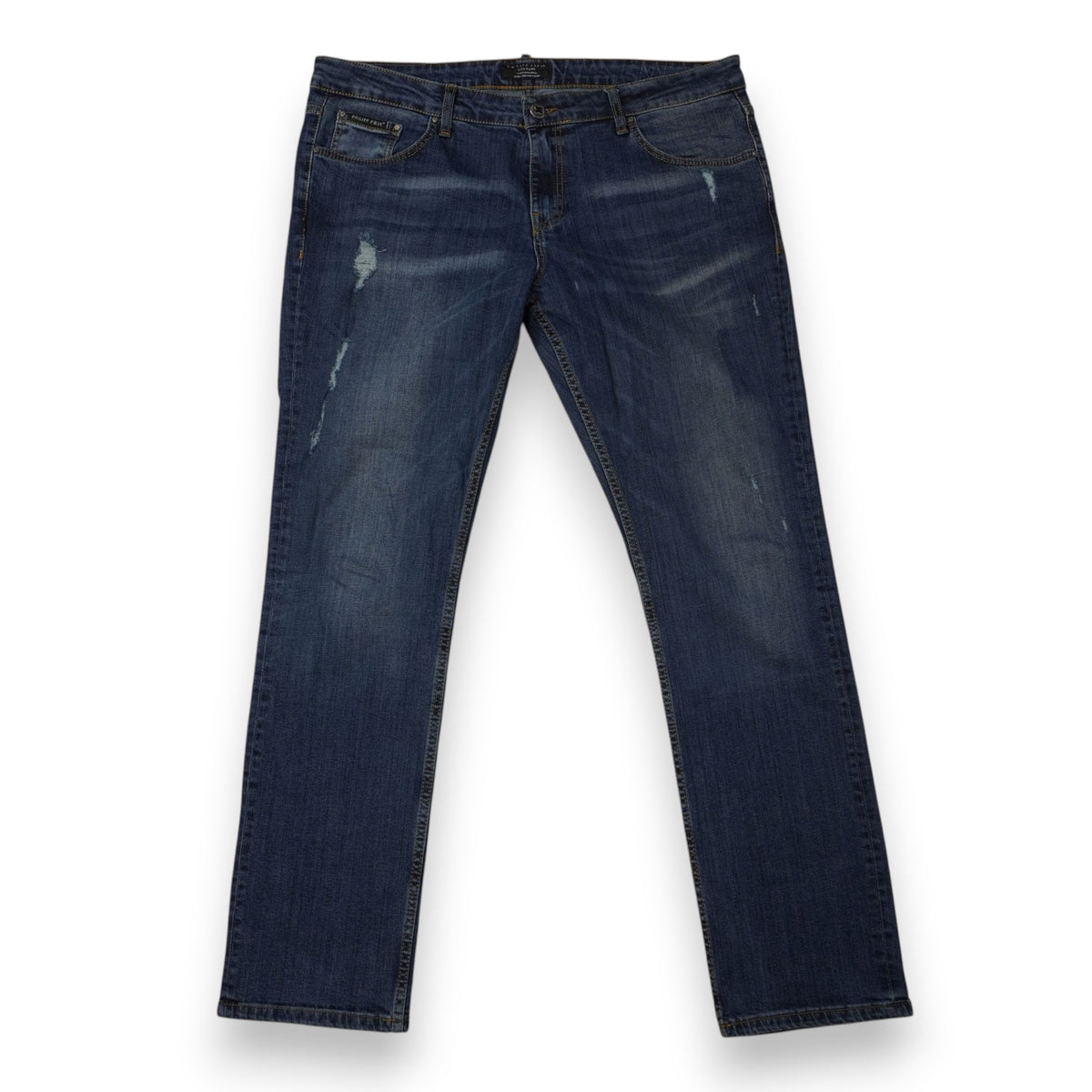 Vista frontale completa dei jeans da uomo slim straight Philipp Plein Couture blu denim con strappi