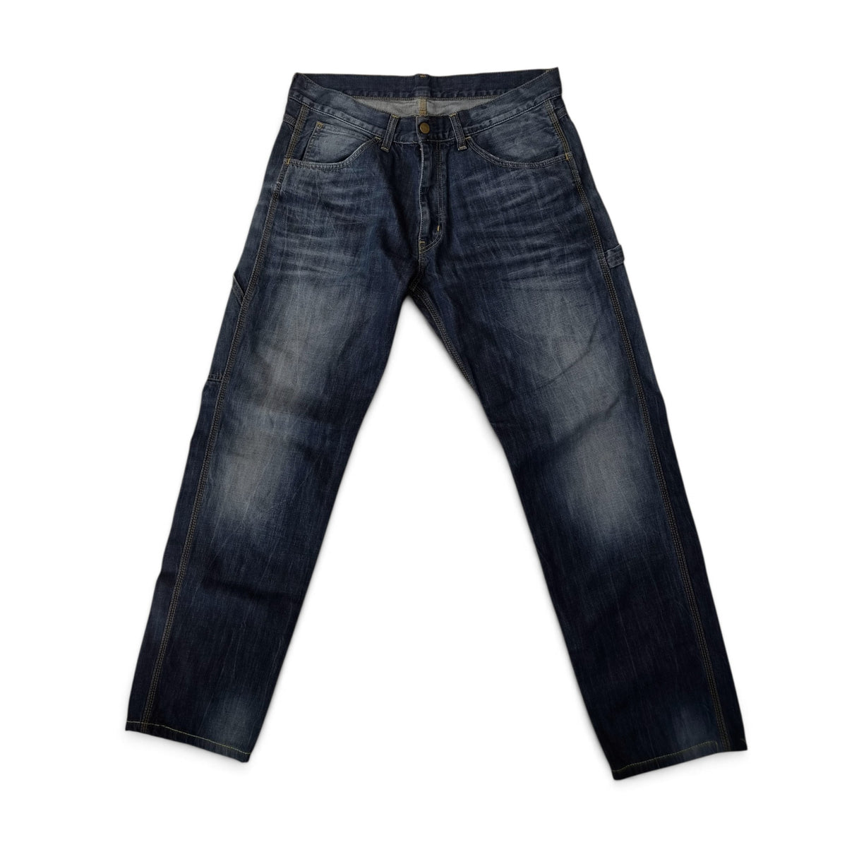 pantalone Carhartt Fort Pant - Schiariture e baffature sul denim - Vista intera in piano