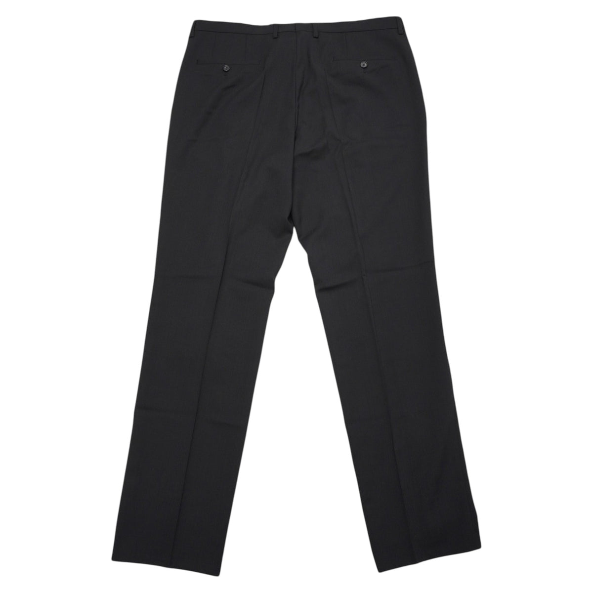 Vista posteriore completa dei pantaloni sartoriali neri BOSS con focus sul posizionamento delle tasche a filetto.