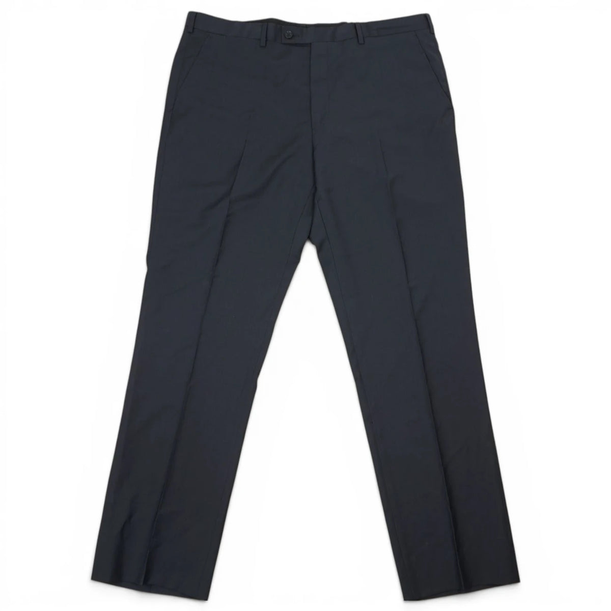 Pantaloni classici da abito uomo Valentino blu navy flat-front con piega stirata centrale.