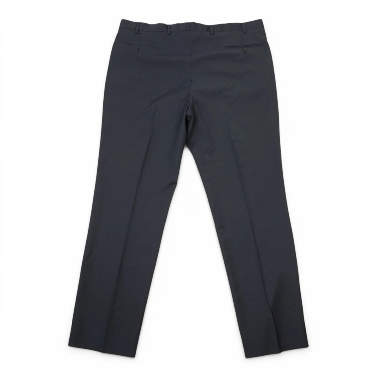  Vista posteriore dei pantaloni eleganti Valentino uomo blu scuro con tasche profilate a filetto.